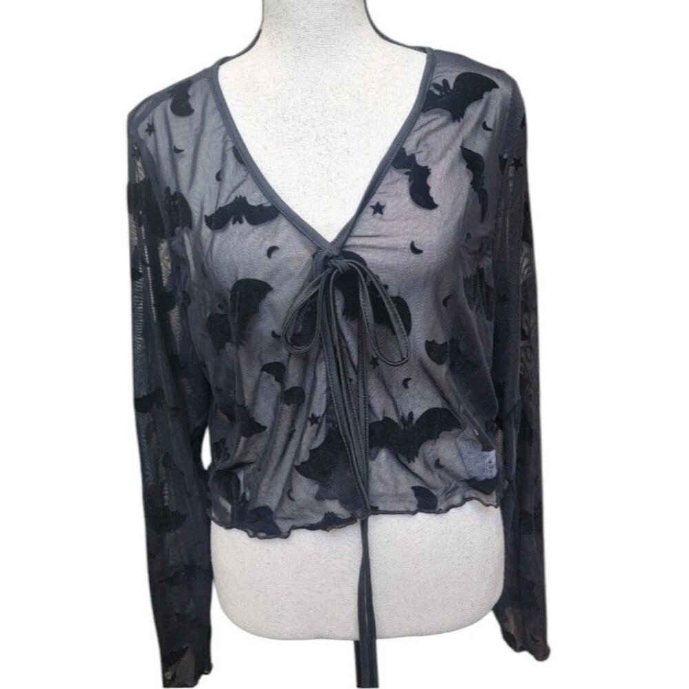 Velvet Burnout Bat Black Sheer Top Size 1XL Goth Halloween Spooky